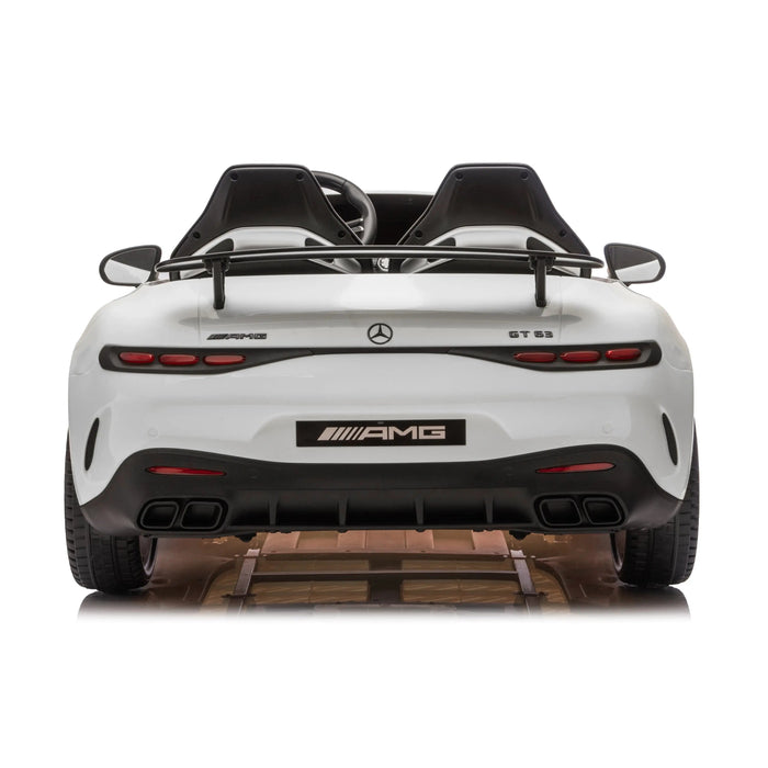 Mercedes-AMG GT 63 kids ride-on car rear view, two seats, white color, on white background.