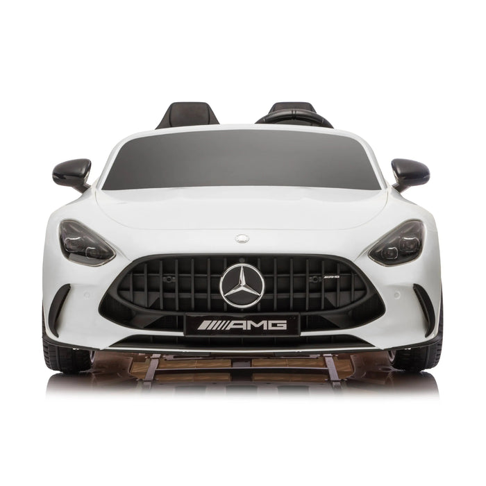 Kids ride-on Mercedes AMG white car shown from the front on a plain white background.