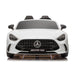 Kids ride-on Mercedes AMG white car shown from the front on a plain white background.