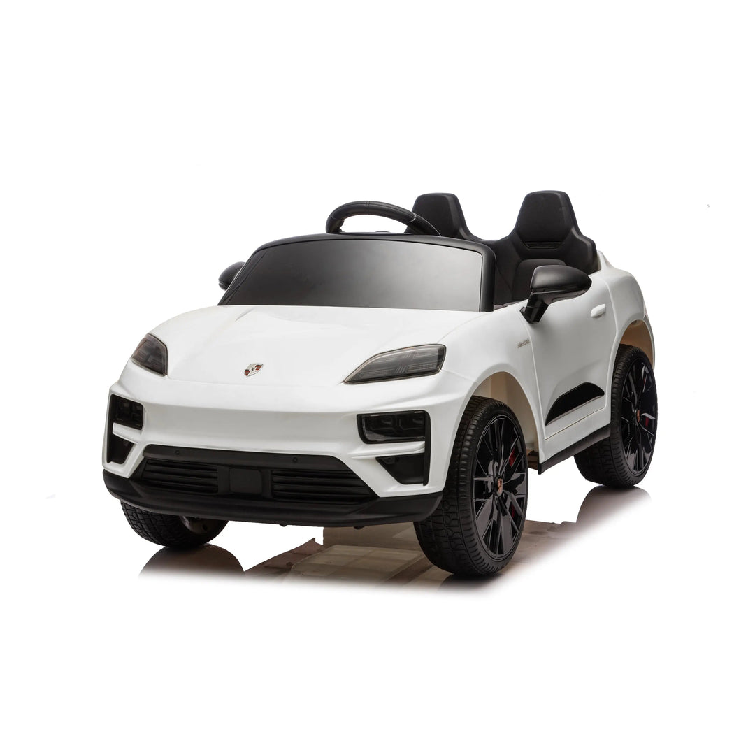 White ride-on toy car for kids with two seats, shown on a white background.