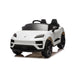 White ride-on toy car for kids with two seats, shown on a white background.