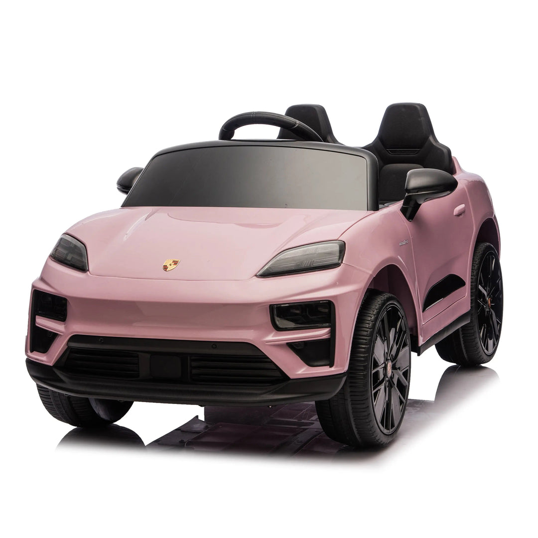 Pink Porsche ride-on toy car for kids shown on a white background with black seats and wheels.