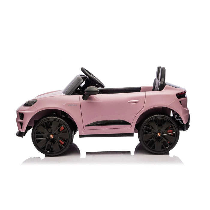 Pink kids ride-on electric car with black wheels and seats shown side view on white background.