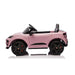Pink kids ride-on electric car with black wheels and seats shown side view on white background.