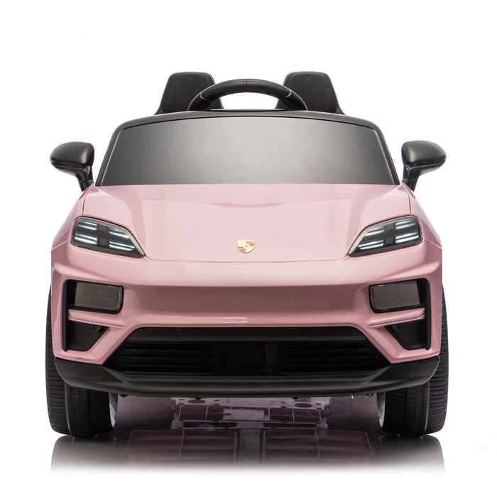 Pink Porsche ride-on toy car for kids shown from the front on a white background.
