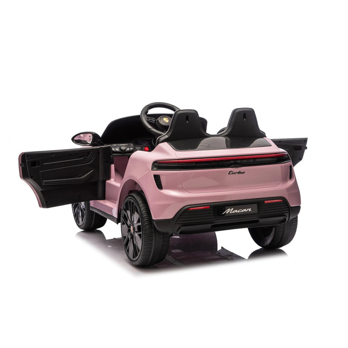 Pink Macan toy car for kids with open doors, viewed from the back on a white background.