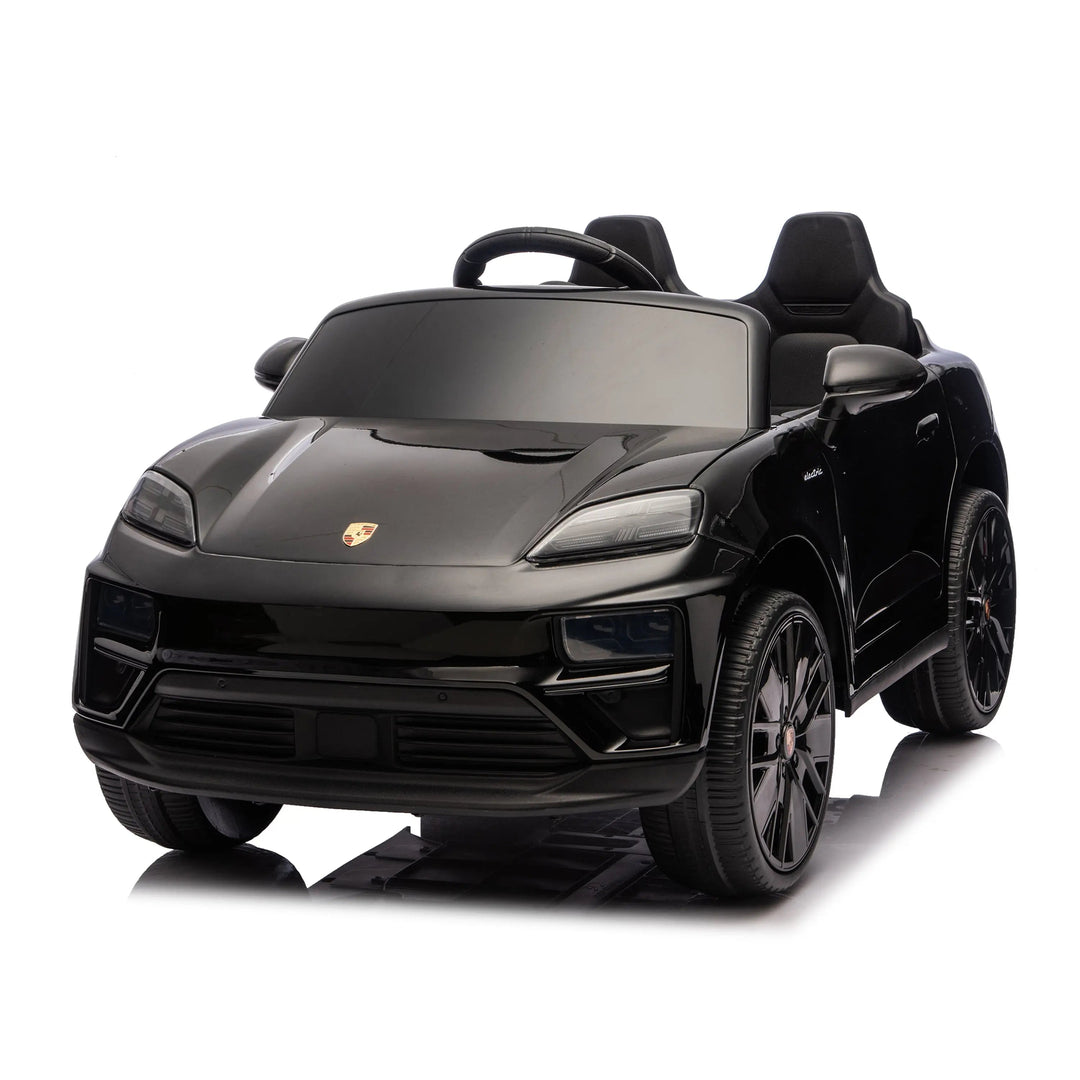 Kids electric ride-on black car styled as a Porsche, shown from the front on a white background.