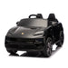 Kids electric ride-on black car styled as a Porsche, shown from the front on a white background.