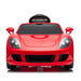 Kids red ride-on electric sports car with working headlights shown from the front on a white background.