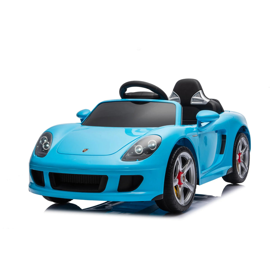 Blue ride-on toy sports car for kids shown on a white background.
