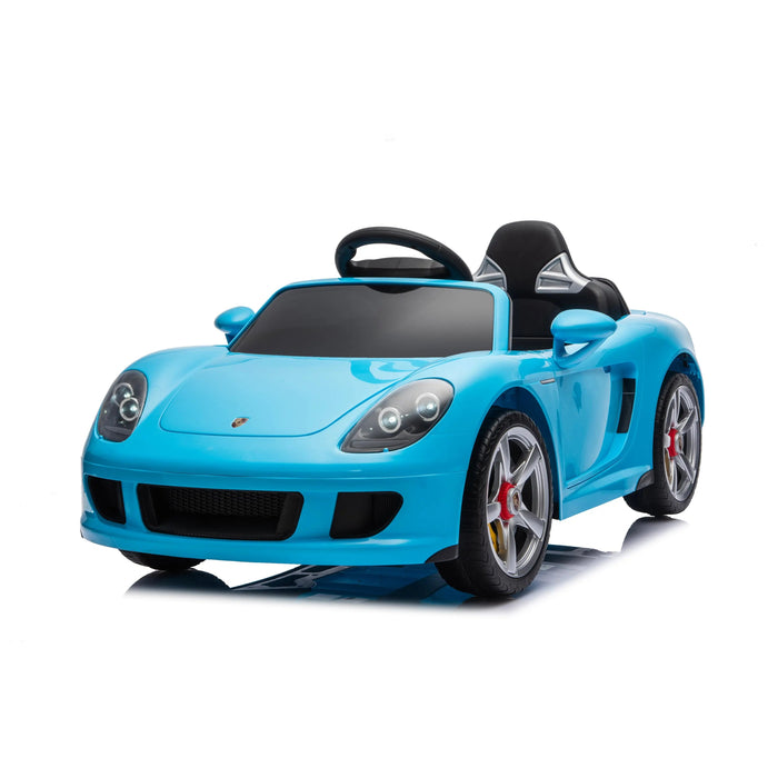 Blue ride-on toy sports car for kids shown on a white background.