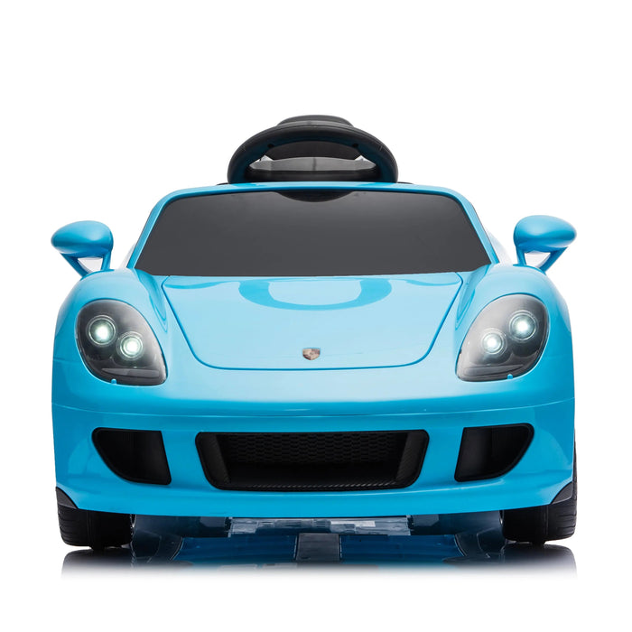 Blue ride-on toy car for kids shown from the front with working headlights and sporty design.
