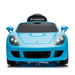 Blue ride-on toy car for kids shown from the front with working headlights and sporty design.