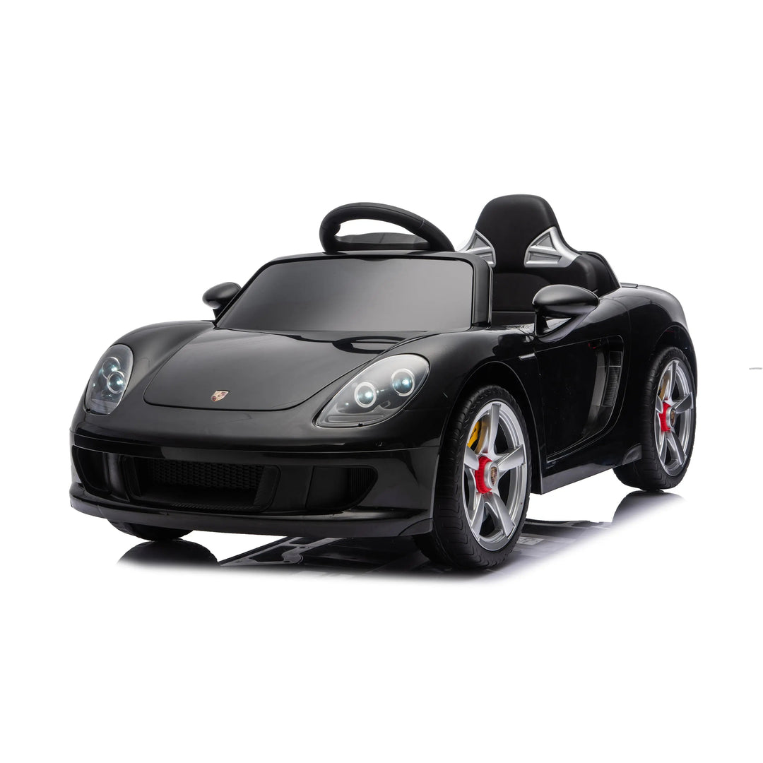 Children’s black ride-on toy sports car with silver wheels displayed on a white background.