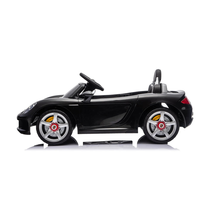 Black kids' ride-on electric car shown from the side on a white background.