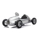 Kids silver pedal car styled like a vintage race car, shown on a white studio background.