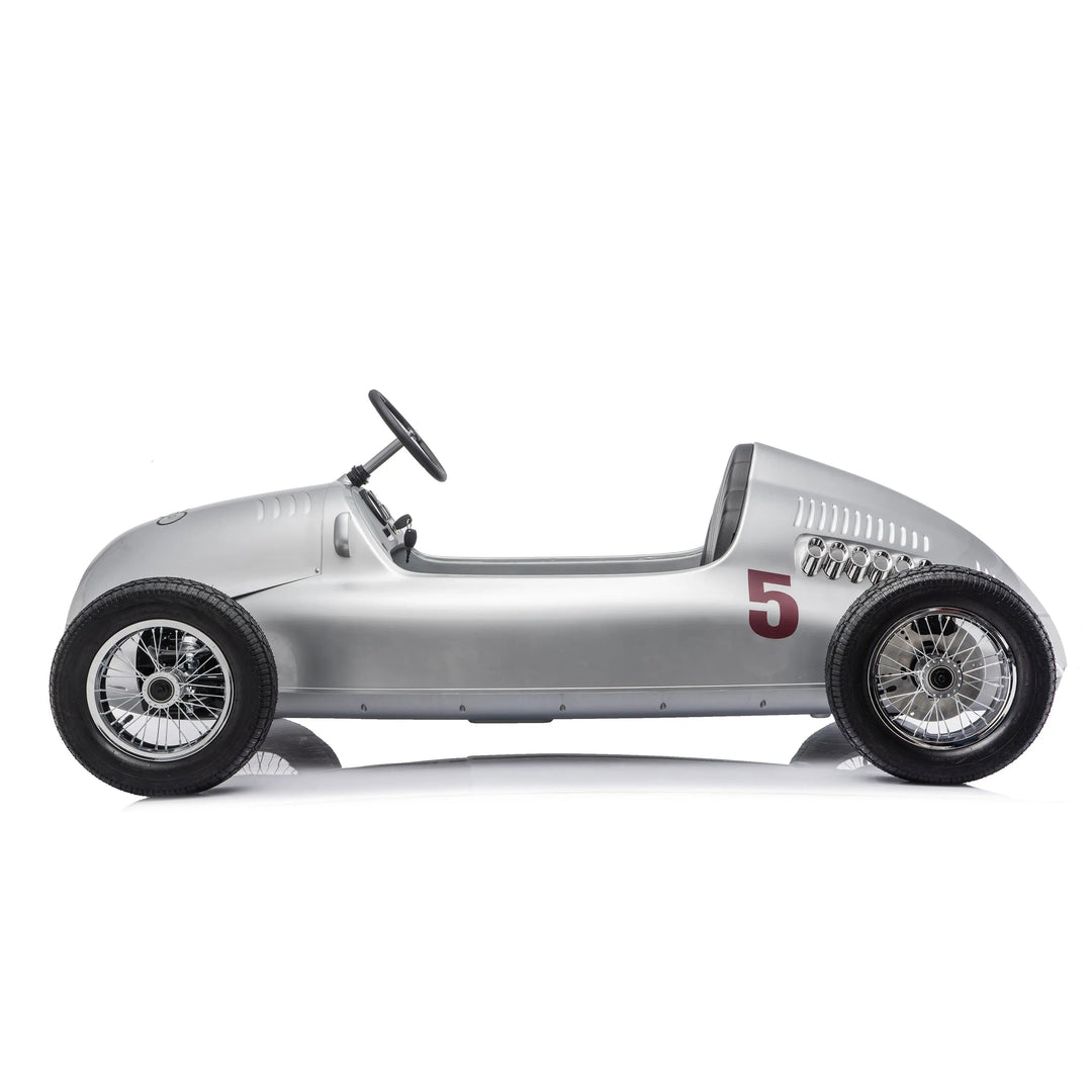 Silver vintage-style kids ride-on car with number 5 decal shown from the side on a white background.