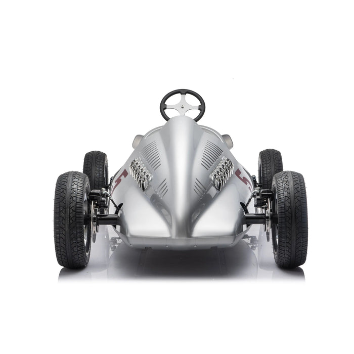 Silver vintage-style kids ride-on car photographed from the front on a white background.