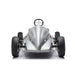 Silver vintage-style kids ride-on car photographed from the front on a white background.