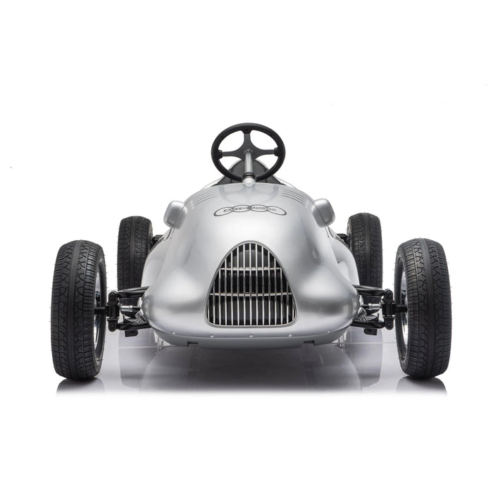 Classic silver pedal car for kids shown from the front on a white background.