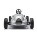 Classic silver pedal car for kids shown from the front on a white background.