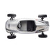 Children’s silver ride-on race car toy shown from above on a white background.