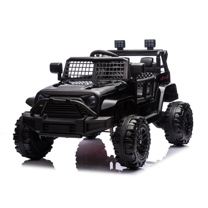 Black ride-on toy 4x4 jeep for kids shown on a white background with rugged wheels and safety grill.