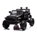 Black ride-on toy 4x4 jeep for kids shown on a white background with rugged wheels and safety grill.