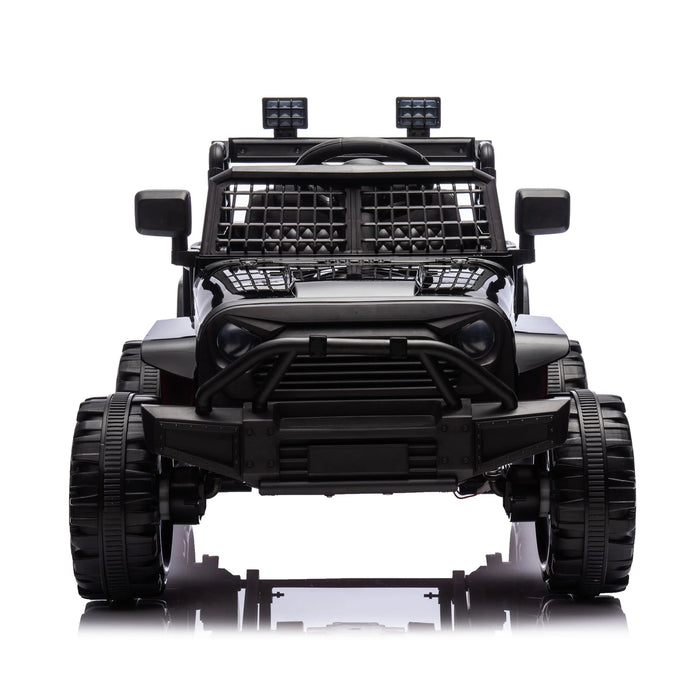Black toy off-road vehicle for kids shown from the front against a white background.