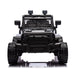 Black toy off-road vehicle for kids shown from the front against a white background.