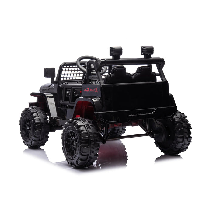 Kids 4x4 ride-on toy car in black shown from the rear on a white background.