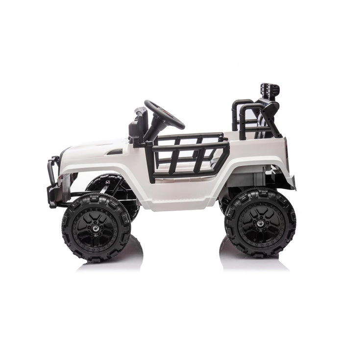 White ride-on toy car for kids with black wheels and open sides, shown in profile on a white background.