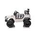 White ride-on toy car for kids with black wheels and open sides, shown in profile on a white background.