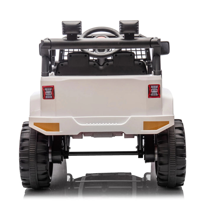 White ride-on toy truck for kids shown from the rear on a white background.