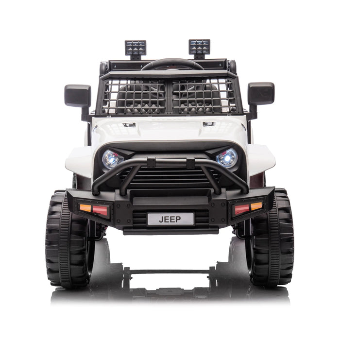 Kids white ride-on Jeep toy car shown from the front with headlights on and rugged wheels visible.