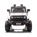 Kids white ride-on Jeep toy car shown from the front with headlights on and rugged wheels visible.