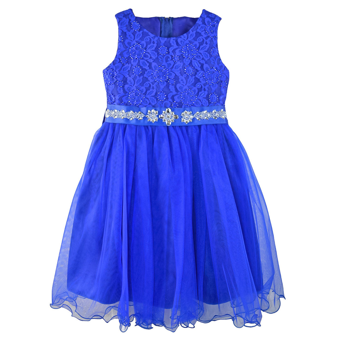 8161 blue glitter dress with floral lace bodice and jeweled waistband shown on a plain background.