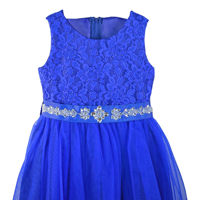 Blue glitter dress for girls with floral lace bodice and jeweled waistband on white background.