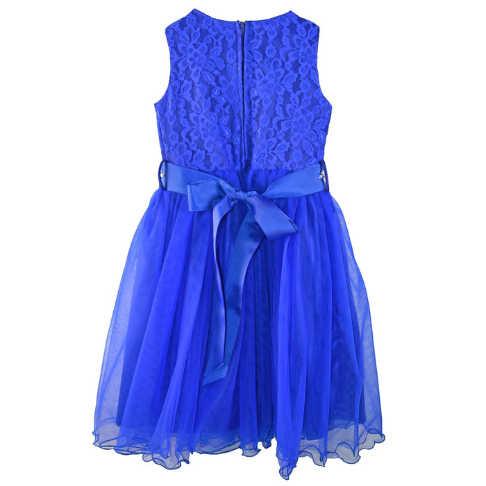 Blue glitter dress for kids with lace bodice and satin bow, displayed on a white background.