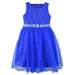 8161 blue glitter dress with floral lace bodice and jeweled waistband shown on a plain background.