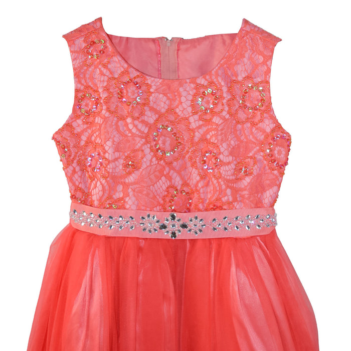 Coral glitter dress for girls with lace floral top and sequin waistband shown on white background.
