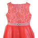 Coral glitter dress for girls with lace floral top and sequin waistband shown on white background.