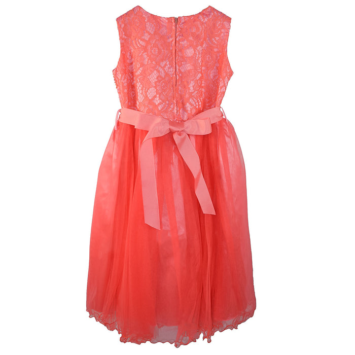 Coral glitter dress for girls with lace bodice and tulle skirt, shown from the back with a sash bow.