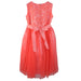 Coral glitter dress for girls with lace bodice and tulle skirt, shown from the back with a sash bow.