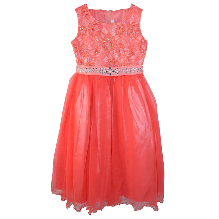 Coral glitter dress with lace bodice and jeweled waistband displayed on a white background.