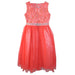 Coral glitter dress with lace bodice and jeweled waistband displayed on a white background.