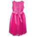Fuchsia glitter dress for kids with lace top and ribbon bow, displayed on a plain white background.