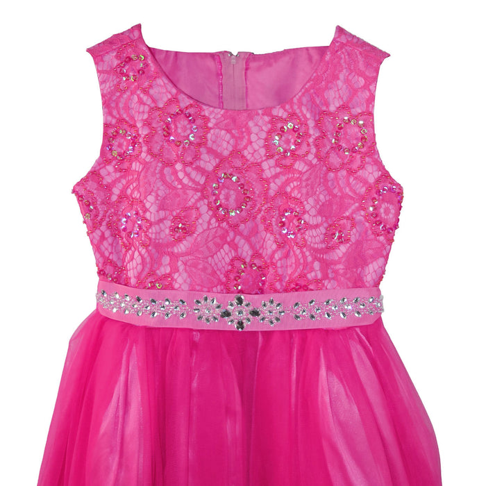 Fuchsia glitter dress for girls featuring lace bodice, sequin details, and floral jeweled waistband.