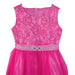 Fuchsia glitter dress for girls featuring lace bodice, sequin details, and floral jeweled waistband.