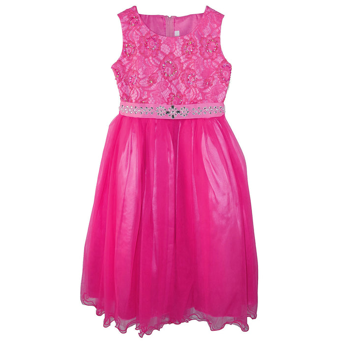 Fuchsia glitter dress for girls displayed upright against a white background, featuring lace bodice and jeweled belt.